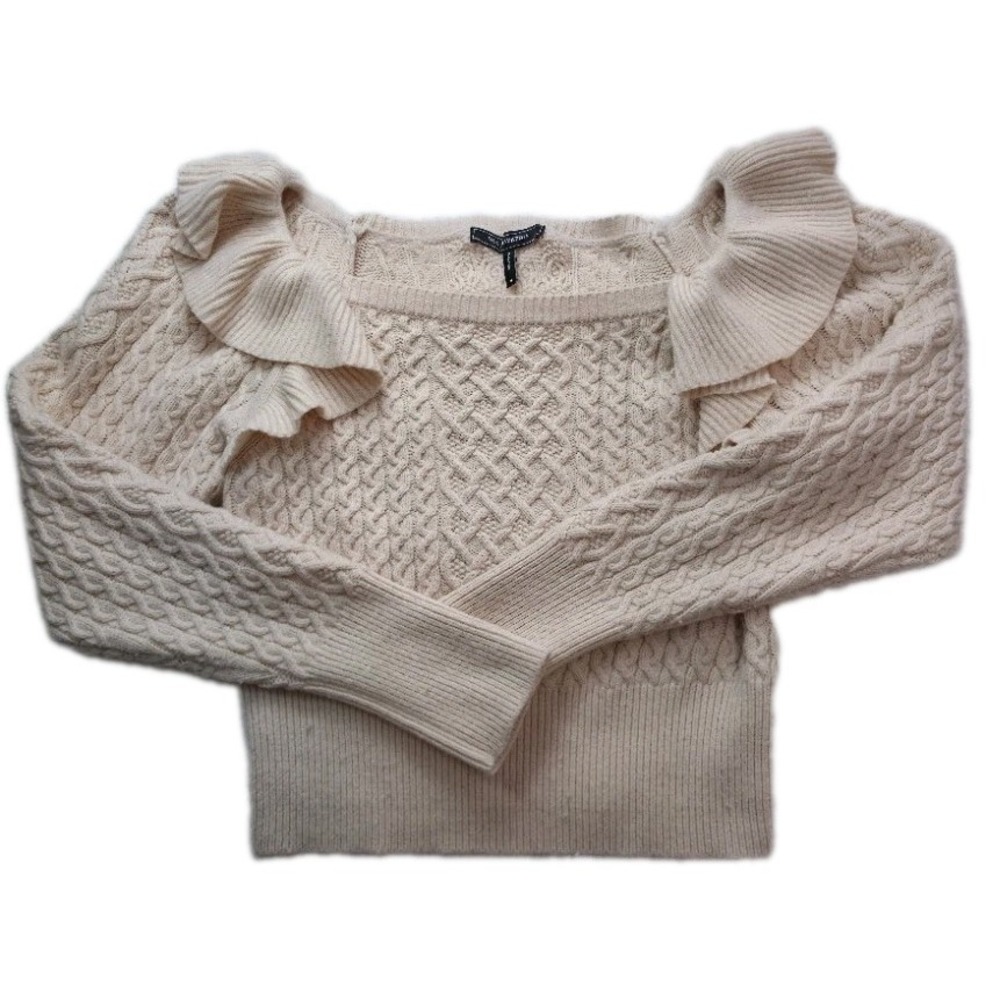 BCBGMAXAZRIA Cable Knit Sweater Women's M Ivory Ruffle Shoulder